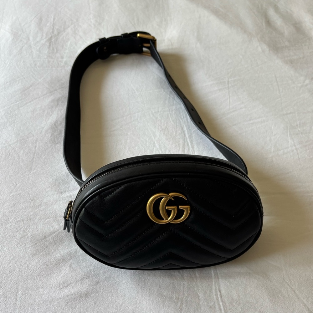 Gucci GG Marmont Black Leather Belt Bag with Gold Accent